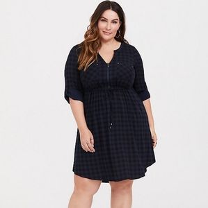 Torrid NAVY GINGHAM DRAWSTRING CHALLIS SHIRT DRESS